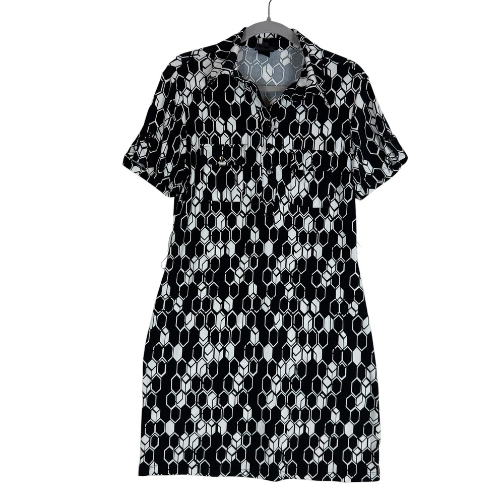 En Focus Petites Dress‎ Womens 12P Black Geometric Shirt Dress Short Sleeve